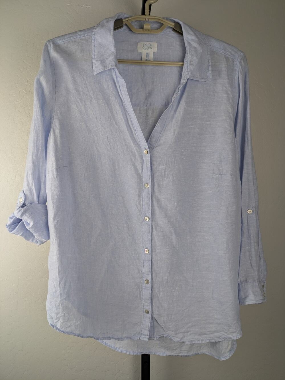 Sigrid Olsen light blue 100% Linen button front top roll tab sleeve